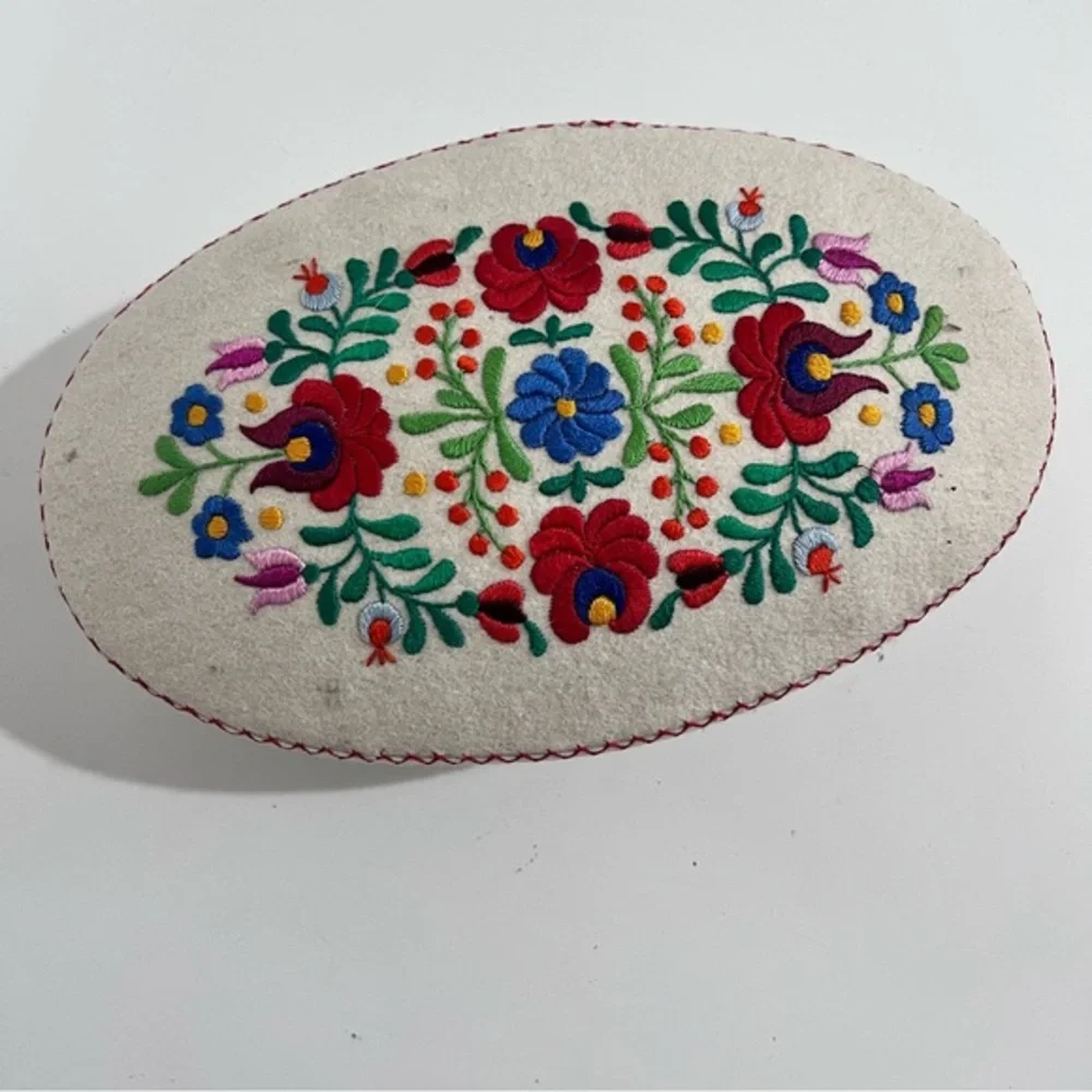 Vintage Wool Felt Embroidered European Large Oval Covered Trinket Storage Box